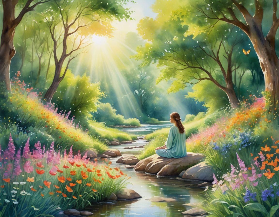 A serene landscape featuring a person meditating in a lush green field, surrounded by vibrant flowers and gentle sunlight filtering through trees. In the background, a flowing stream symbolizes tranquility and natural beauty. Include elements of mindfulness like colorful butterflies and soft rays of light, representing positive energy and genuine joy. watercolor painting. vibrant colors. soft focus.